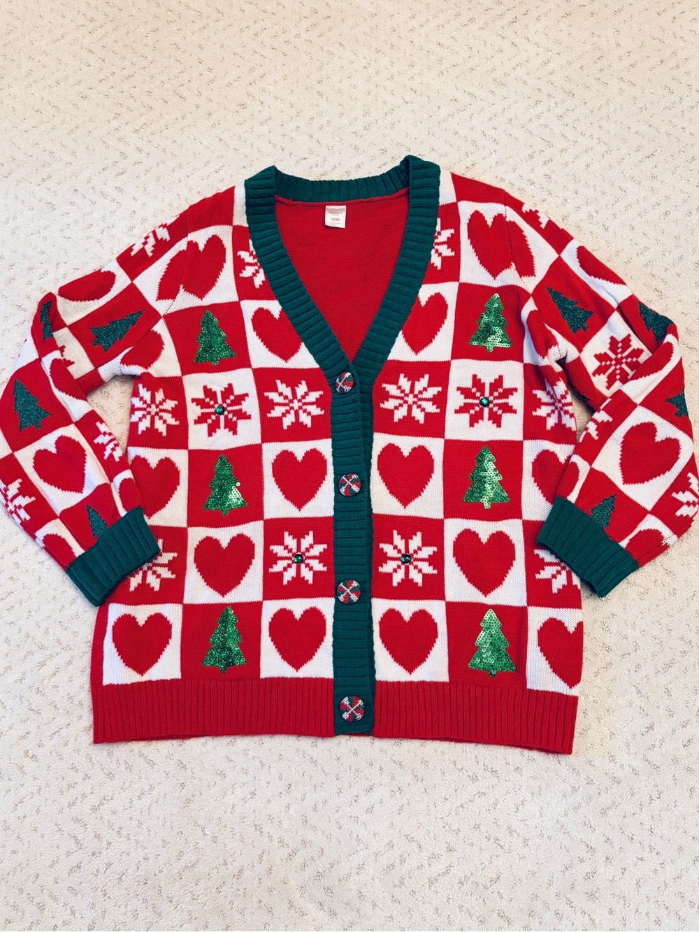 Holiday Time Christmas Cardigan Sweater Size XXL   Red White Green Sequins Bling